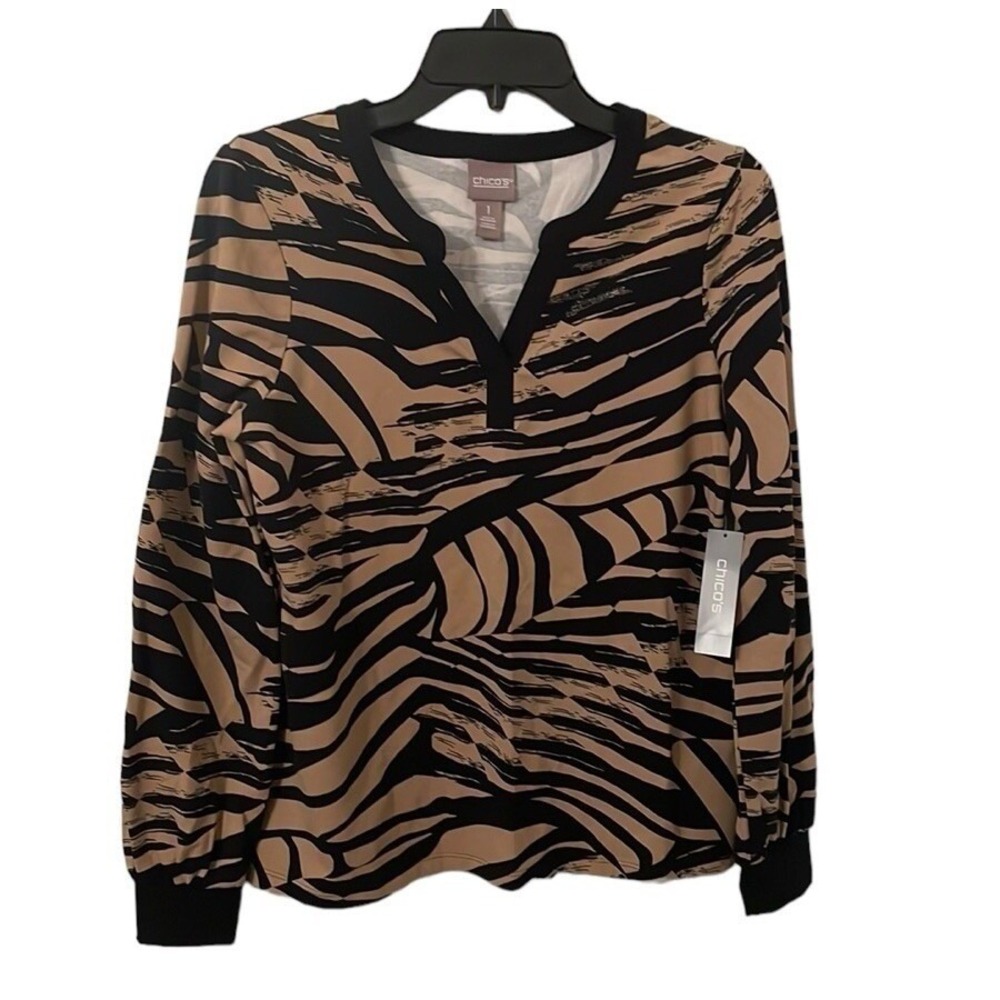 Chico's Women's Clam Drift Notchneck Tan Black Design Top Size 1 (M/8)
